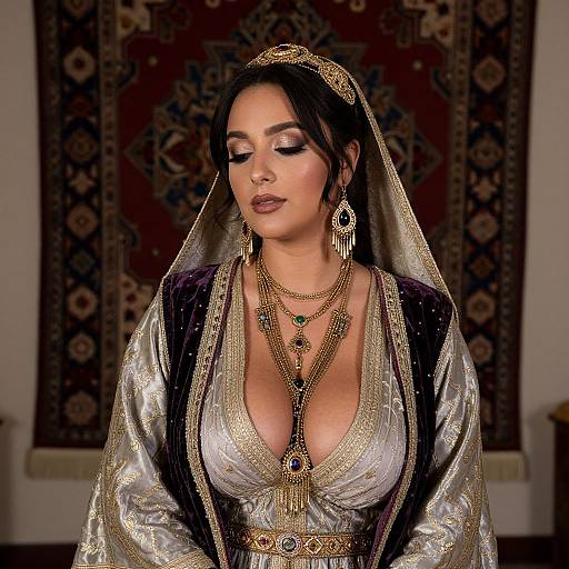 Photograph of a Middle Eastern woman with olive skin, dark hair, large earrings, gold necklaces, deep neckline, silver and gold traditional attire,