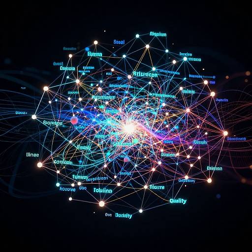 Digital network diagram: Bright white and blue glowing nodes with interconnected lines, labeling cities in white and blue text against a dark background, creating a dynamic,