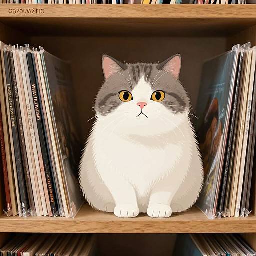 Photograph of a fluffy white and gray cat with yellow eyes sitting between two rows of CDs on a wooden shelf.