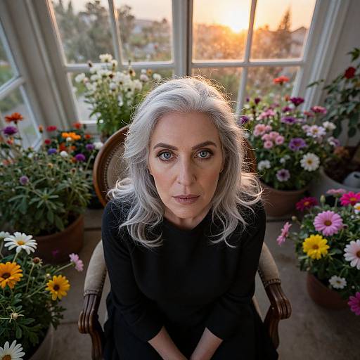 Photograph of a silver-haired woman with blue eyes, wearing a black top, sitting in a sunlit greenhouse filled with colorful flowers.
