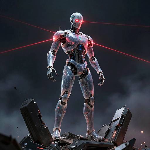 Photorealistic CGI of a glowing red-eyed, silver robotic humanoid standing on broken debris, emitting red laser beams against a dark, cloudy background.
