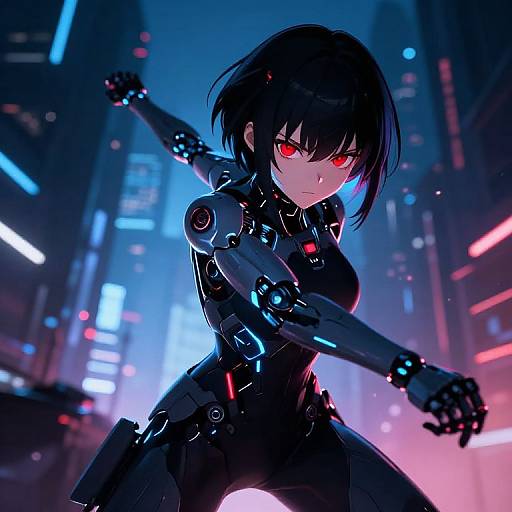 Cyberpunk anime girl with glowing red eyes, black short hair, and a sleek, black robotic suit, wielding a weapon in a neon-lit
