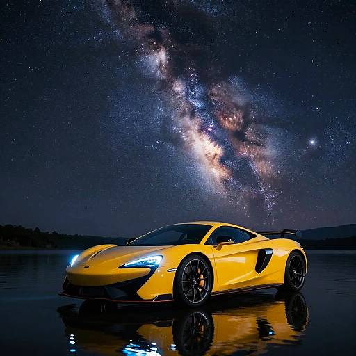 Photograph of a bright yellow sports car with blue headlights, parked on a reflective surface under a stunning, star-filled Milky Way.