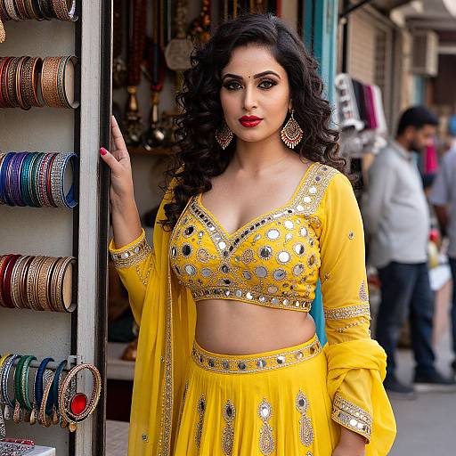 Photograph of a beautiful South Asian woman with long curly black hair, wearing a yellow, intricately embroidered crop top and skirt, standing in a bustling