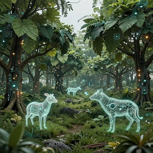 Digital artwork of a forest with glowing, wireframe deer illuminated in neon blue, surrounded by lush greenery and ethereal fairy lights.