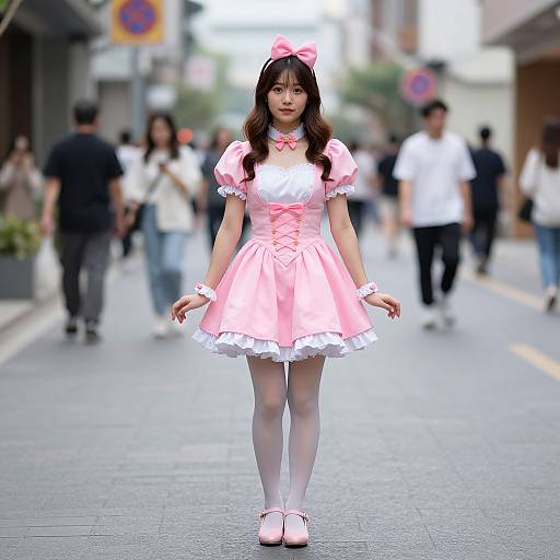 Photograph of an Asian woman with long brown hair in a pink, frilled, Lolita-style dress and white stockings, walking down a busy urban