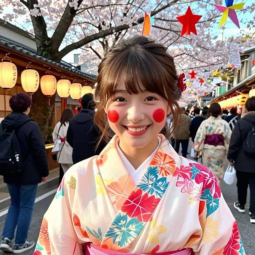 Photograph of a smiling Japanese woman in a colorful floral kimono, wearing red cheek stickers, standing in a cherry blossom street festival with lanterns and