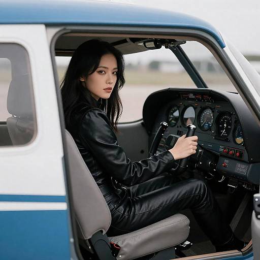 Dark-Haired Woman in Aircraft Cockpit