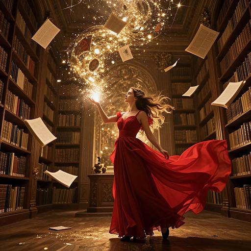 Magical library scene: Woman in flowing red dress conjures glowing, star-filled orb amidst floating papers, surrounded by tall bookshelves.