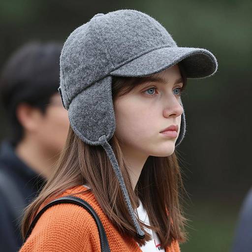 Young Woman Wearing Gray Wool Cap with Ear Flaps