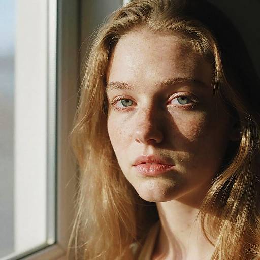 Photograph of a young woman with light blonde hair, blue eyes, and freckles, illuminated by sunlight from a window.