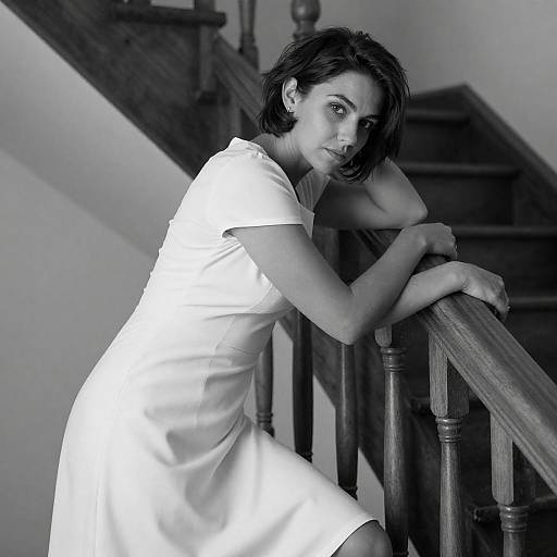 Black-and-White Woman on Staircase, Diagonal Pose