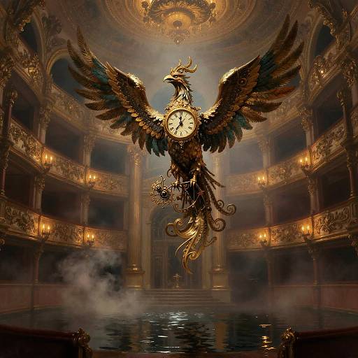 Ornate Clockwork Phoenix in Flooded Opera