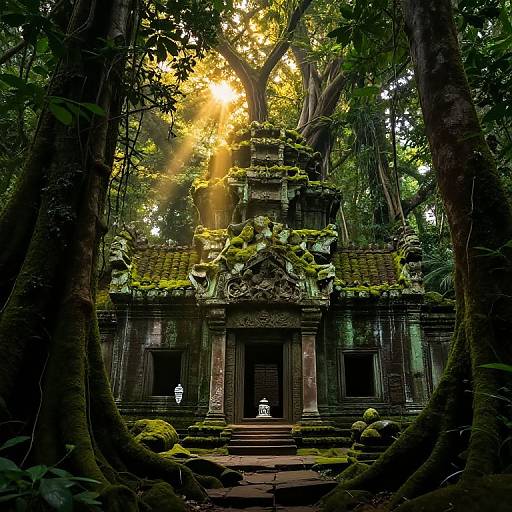 Photograph of an ancient, moss-covered temple nestled in a dense, sunlit forest. Sunbeams filter through tall trees, illuminating the detailed