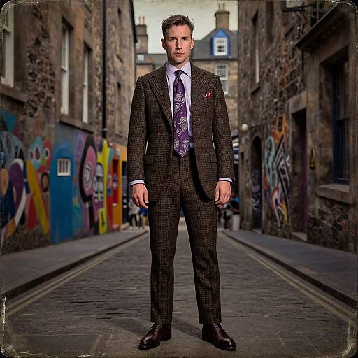Photograph of a handsome man in a dark checkered suit, purple patterned tie, standing in a narrow, graffiti-covered alleyway with stone buildings