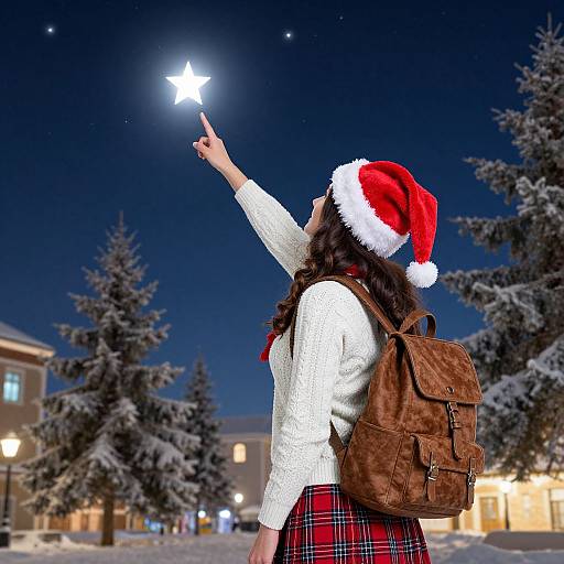 Photograph of a woman in a Santa hat, white sweater, and red plaid skirt, pointing at a star in a snowy night sky, with
