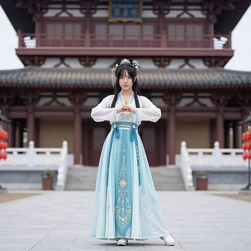 Photograph of an East Asian woman with long black hair, wearing a white blouse and light blue hanbok with intricate embroidery, standing in front of