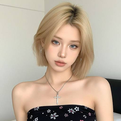 Photograph of a young Asian woman with blonde bob haircut, blue eyes, wearing a black strapless floral top, hoop earrings, and a cross necklace