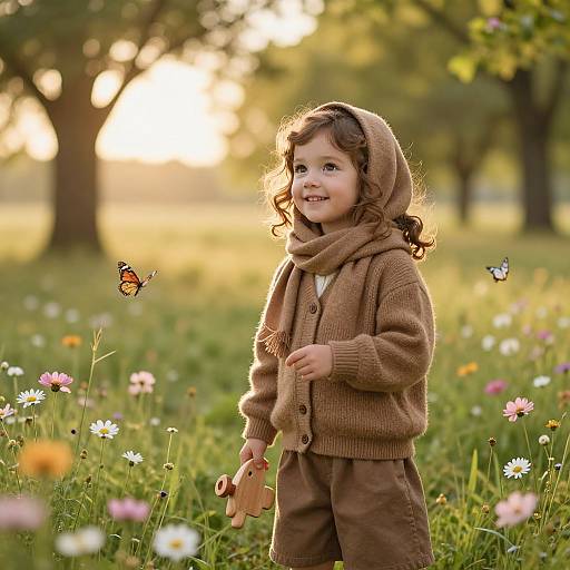 Young Girl in Meadow with Butterflies