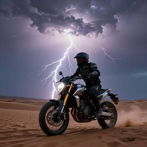 Photograph of a motorcyclist in black gear riding through a desert during a storm, with bright lightning illuminating the dark, cloudy sky and sandy