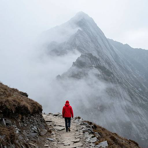 Photograph of a lone hiker in a red jacket and black pants, standing on a rocky path, facing a mist-covered, towering mountain peak.