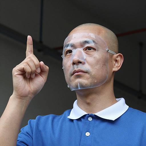 Bald Man with Transparent Mask in Industrial Setting