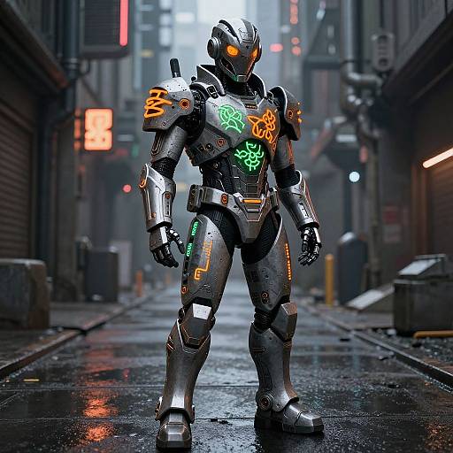 Cybernetic soldier with glowing green and orange accents stands in a rainy, neon-lit urban alley. Digital CGI artwork.