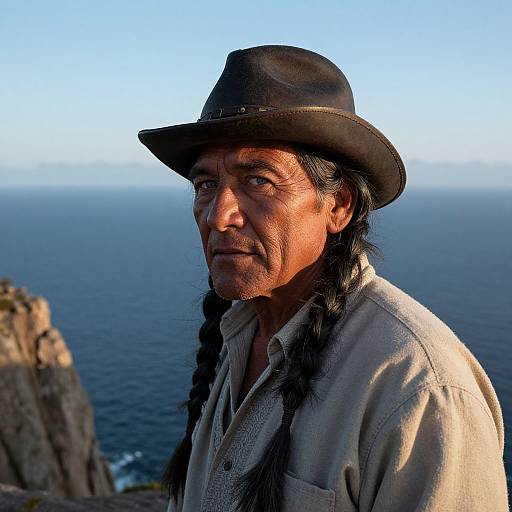 Native American Sailor on Cliff Overlooking Ocean