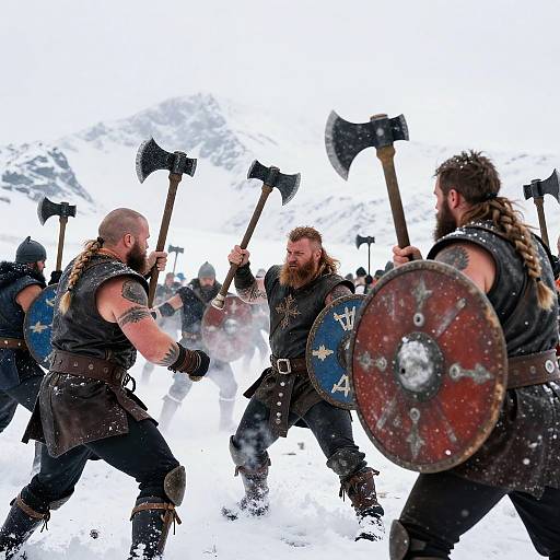 Photograph of muscular Viking warriors with beards, black leather armor, and battle axes, wielding shields in a snowy battlefield. Snow flies around them,
