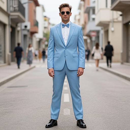 Photograph of a stylish man in a light blue suit, white shirt, blue bow tie, black shoes, and sunglasses, standing confidently on a city