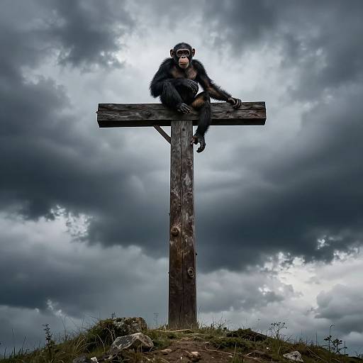 Photograph of a dark-furred gorilla with a stern expression, sitting atop a wooden cross under a stormy, cloud-filled sky.
