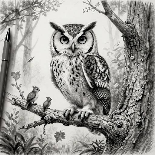 Detailed black-and-white digital drawing of a large owl with wide eyes perched on a textured tree branch, accompanied by two smaller birds, surrounded by foliage