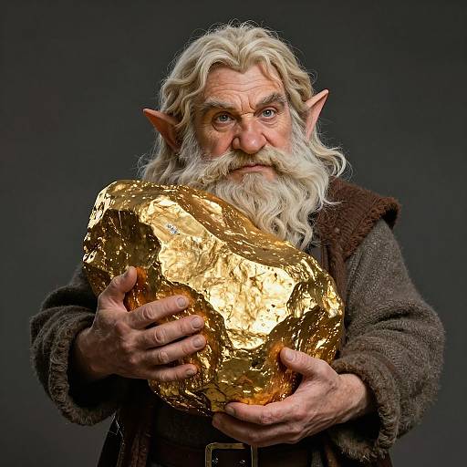 Photograph of a white-bearded, pointy-eared elf holding a large, shiny gold nugget against a dark background. Elf wears brown,