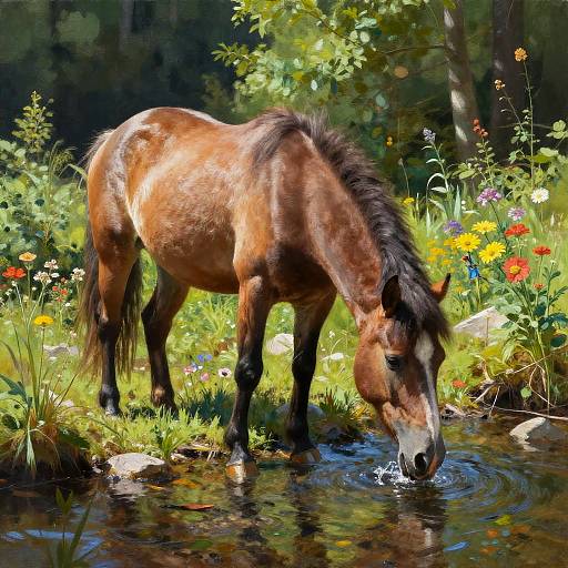 Photorealistic painting of a brown horse with a black mane drinking from a clear, reflective stream surrounded by vibrant wildflowers and lush greenery.