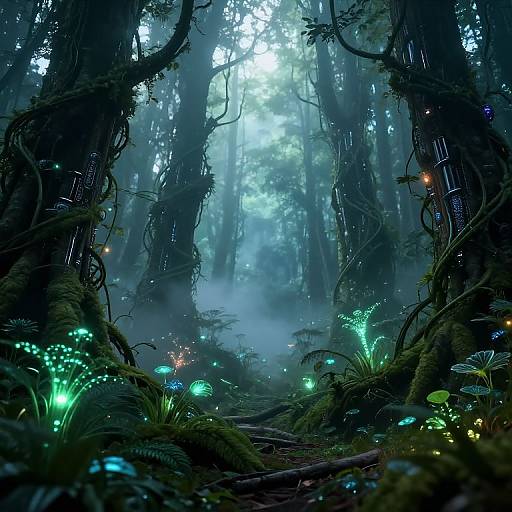 Digital fantasy forest scene with glowing bioluminescent plants, misty atmosphere, towering dark trees, and ethereal blue-green light. Enchanted
