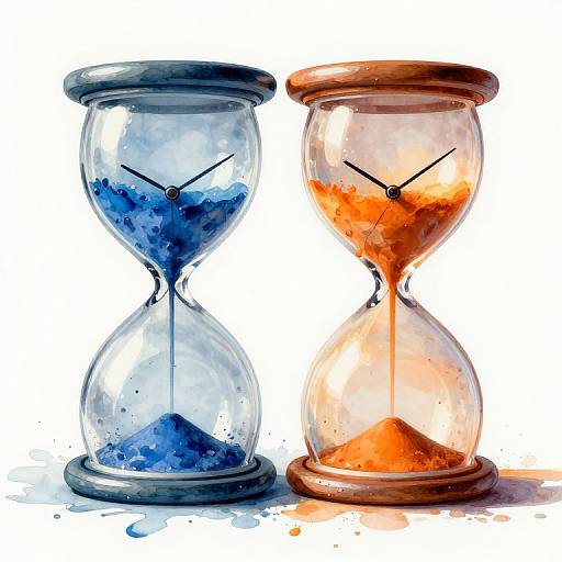 Watercolor illustration of two hourglasses; left blue, right orange, both with black hands and sand, standing on white background.