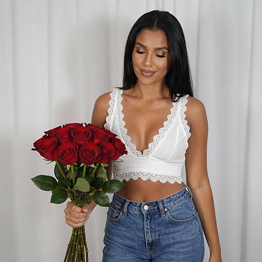 Woman in Crop Top with Red Roses
