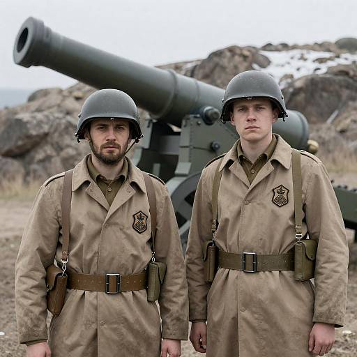 Soldiers with Cannon on Snowy Hill