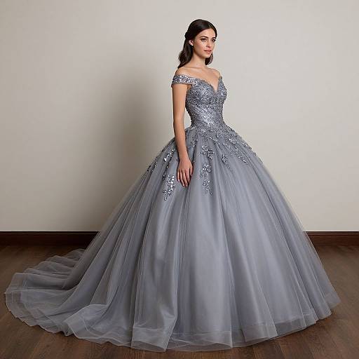 Photograph of a young woman in a silver, off-the-shoulder, full-skirted evening gown with intricate embroidery, standing on dark wooden