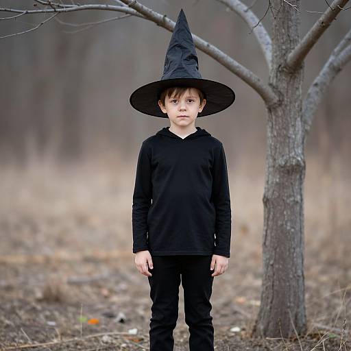 Photograph of a young boy in a black witch hat and outfit, standing in a leafless forest with a bare tree behind him.