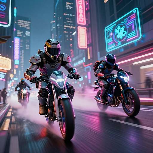 Neon-lit city night; three motorcyclists in futuristic helmets speed through a bustling street, surrounded by vibrant, colorful digital billboards.