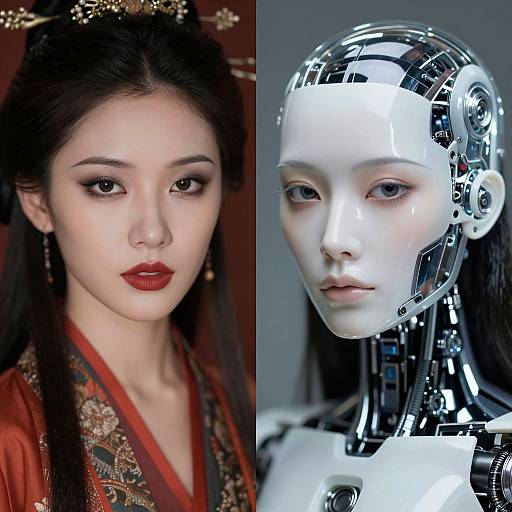 Photograph of an Asian woman in traditional red Chinese dress juxtaposed with a CGI image of a futuristic, robotic human face.