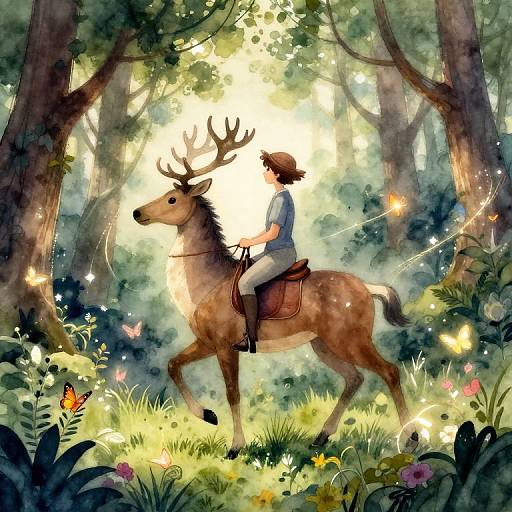 Digital painting of a young person with brown hair in a blue shirt and white pants riding a brown deer with antlers through a sunlit, enchanted forest