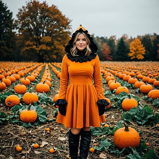 Chic Woman in Pumpkin Field Costume