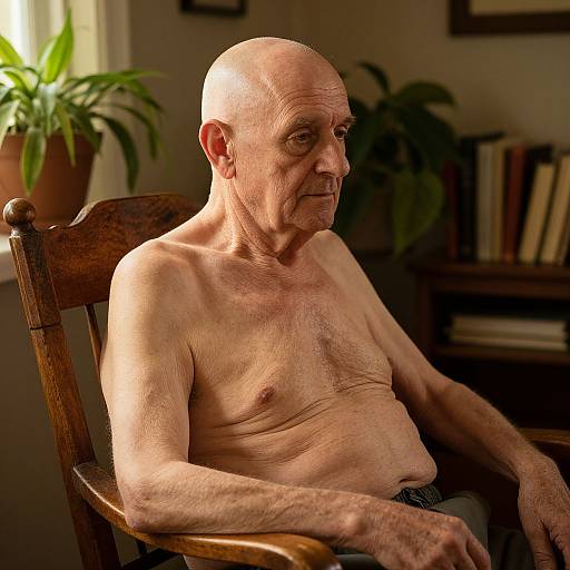 Photograph of a bald, elderly, shirtless man with wrinkled skin, sitting in a wooden chair in a warmly lit room with potted plants