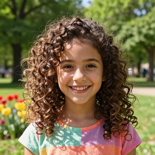 Cheerful Girl with Curly Flequillo in Park
