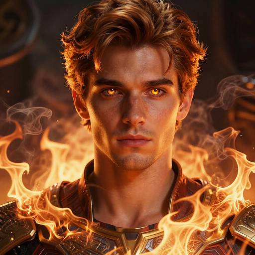 Photorealistic CGI of a handsome, serious-faced man with tousled brown hair, glowing orange eyes, and fiery flames surrounding his head and shoulders.