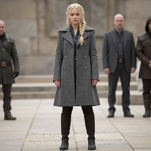 Photograph of a blonde woman with a braid, wearing a gray overcoat, black pants, and boots, standing in a stone courtyard with two