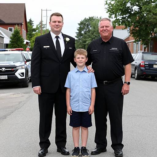 Photograph of a family: adult man in black suit, white shirt, and tie, older man in black shirt, and young boy in light blue