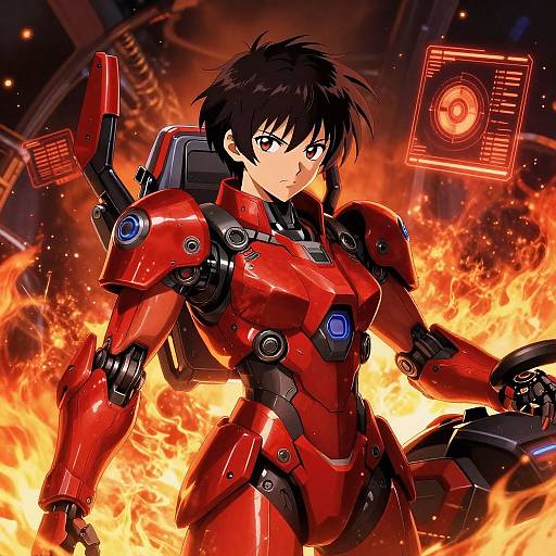 Anime-style digital illustration of a determined young woman with short black hair, wearing a red and black futuristic power suit, standing amid fiery orange flames, with